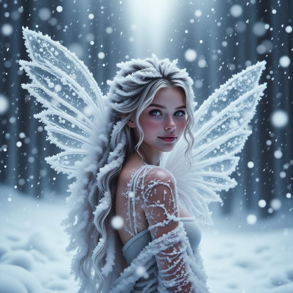 A beautiful snow fairy in the snow with gorgeous long hair crystalized snow fragments. wet snowy detailed outfit. beautiful wings <lora:Effe...