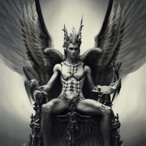 the fallen angel Lucifer sitting on a throne made of bones d...