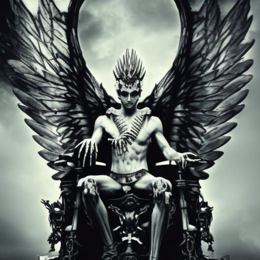 the fallen angel Lucifer sitting on a throne made of bones dring out of ...