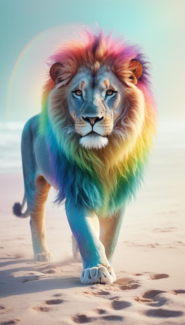 Art déco, Arts Décoratifs, A rainbow ombre Lion running on a...