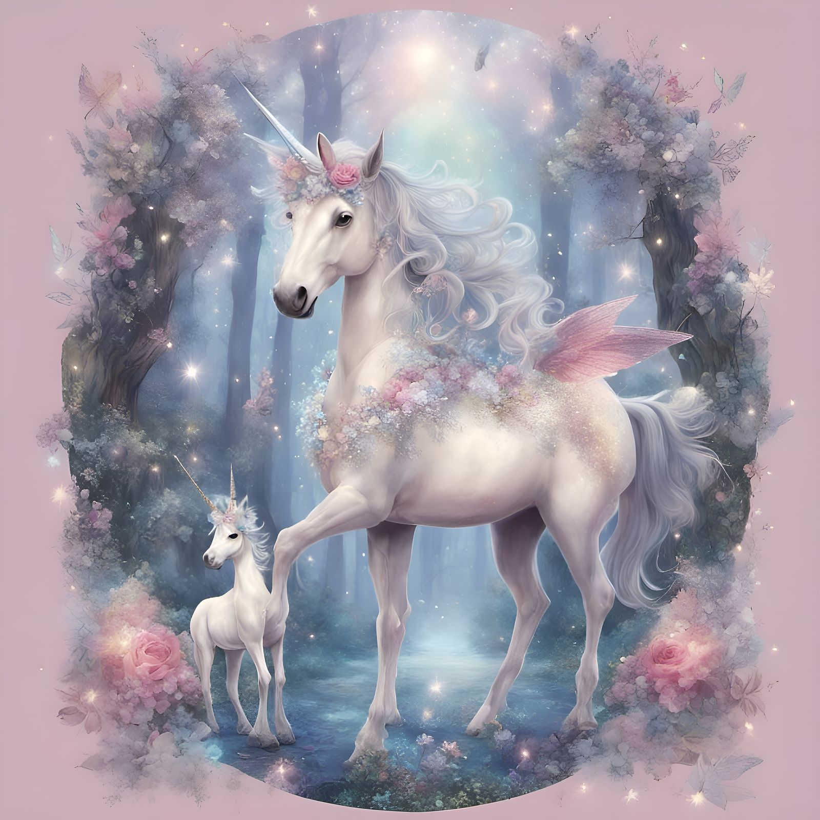 Unicorn and baby unicorn in a soft pretty fairy glade.