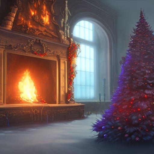 black Christmas tree in a room with a fireplace detailed mat...
