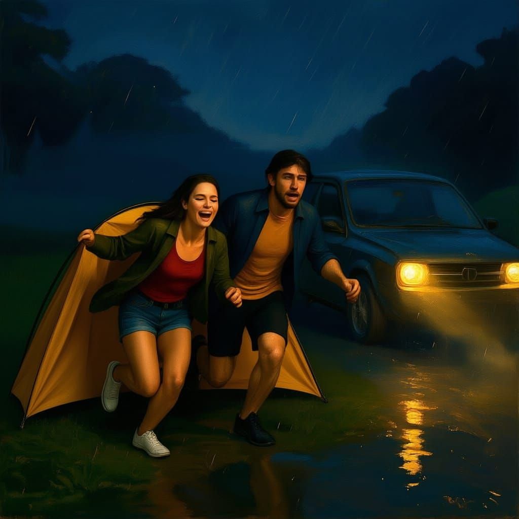 A driving downpour of nighttime rain and wind sends a young couple scampering for cover as their tent is blown away.