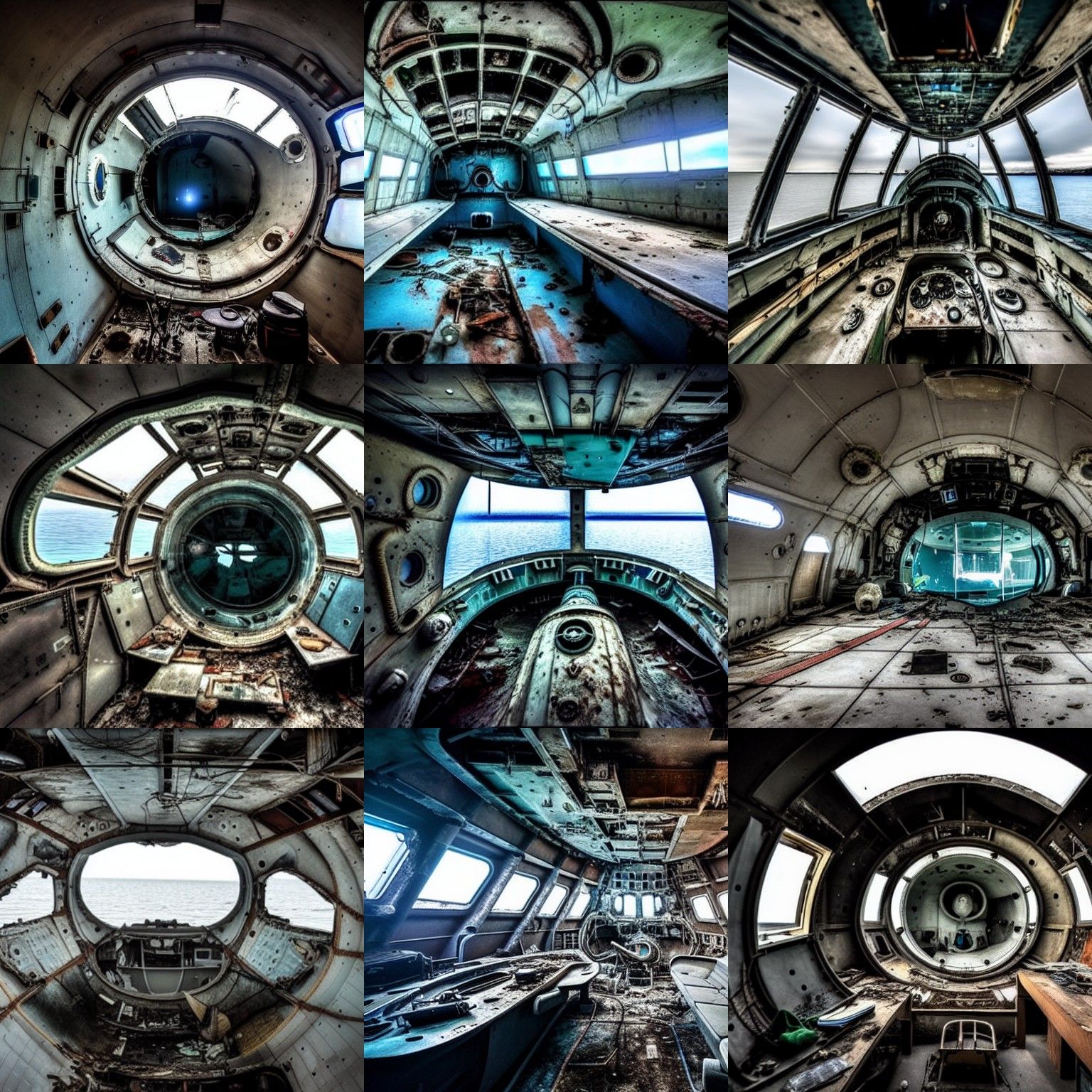 The inside of a wrecked futuristic submarine
