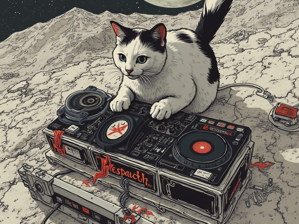 Beautiful short haired black and white calico cat DJ’ing on a psychedelic moon. With fire. With the Prodigy . Named DJ Pauchi.