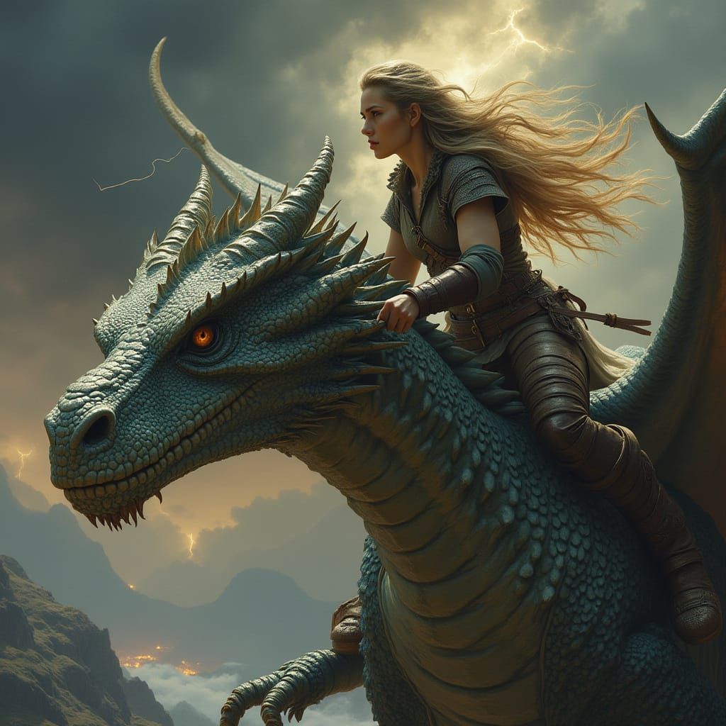 Dragon Rider in Stormy Landscape, Syd Mead Style