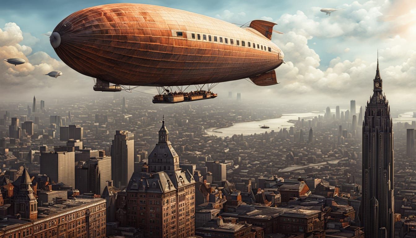 A zeppelin soars over a big city. Intricate details, HDR, beautifully shot, hyperrealistic, sharp focus, 64 megapixels, perfect composition,...