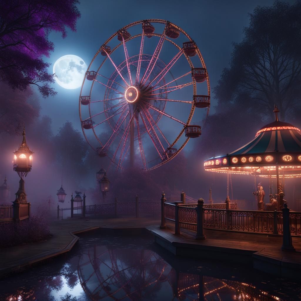 Abandon Theme Park,fog,full moon,ghost and abandon ferris wh...
