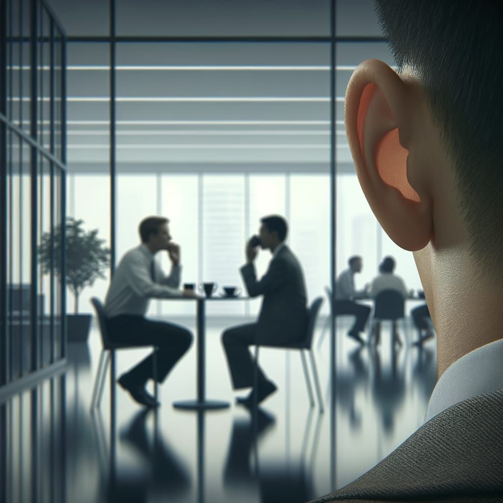 Office coffee area, a figure obviously having an ear angled towards an unsuspecting conversation, hushed atmosphere, visual metaphor for eav...