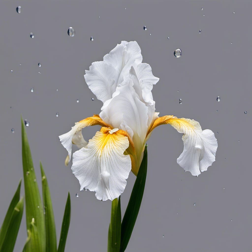 White IRIS Flower with raindrops as it's backdrop.