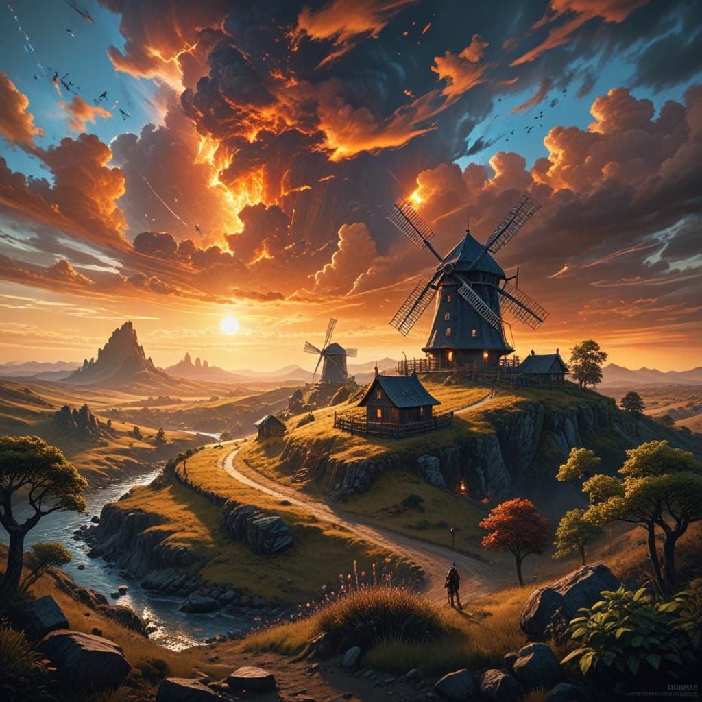 Whimsical Windmill Village: Epic Fantasy Landscape