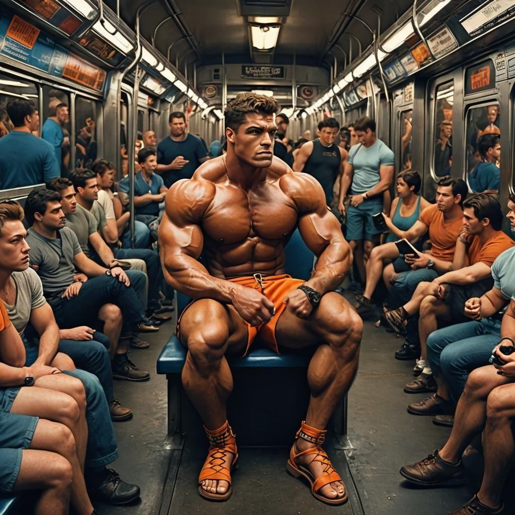 A colossal 100-foot-tall 20-year-old Roman stocky bodybuilder man in a short loincloth and massive sandals with thick calves sits on a seat...