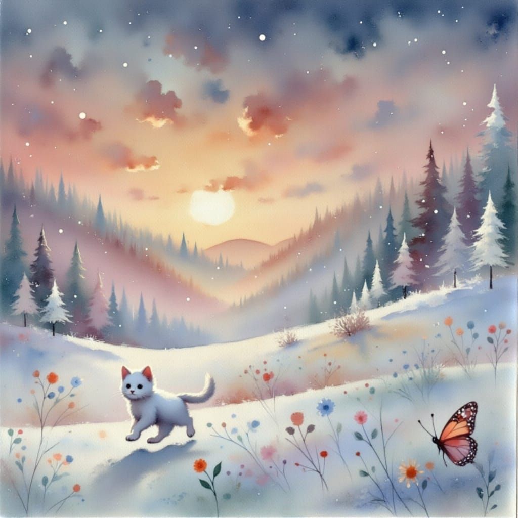 White kitten chasing a butterfly down a snow-filled valley, afternoon, glow <lora:Earth and water:1.0> 
