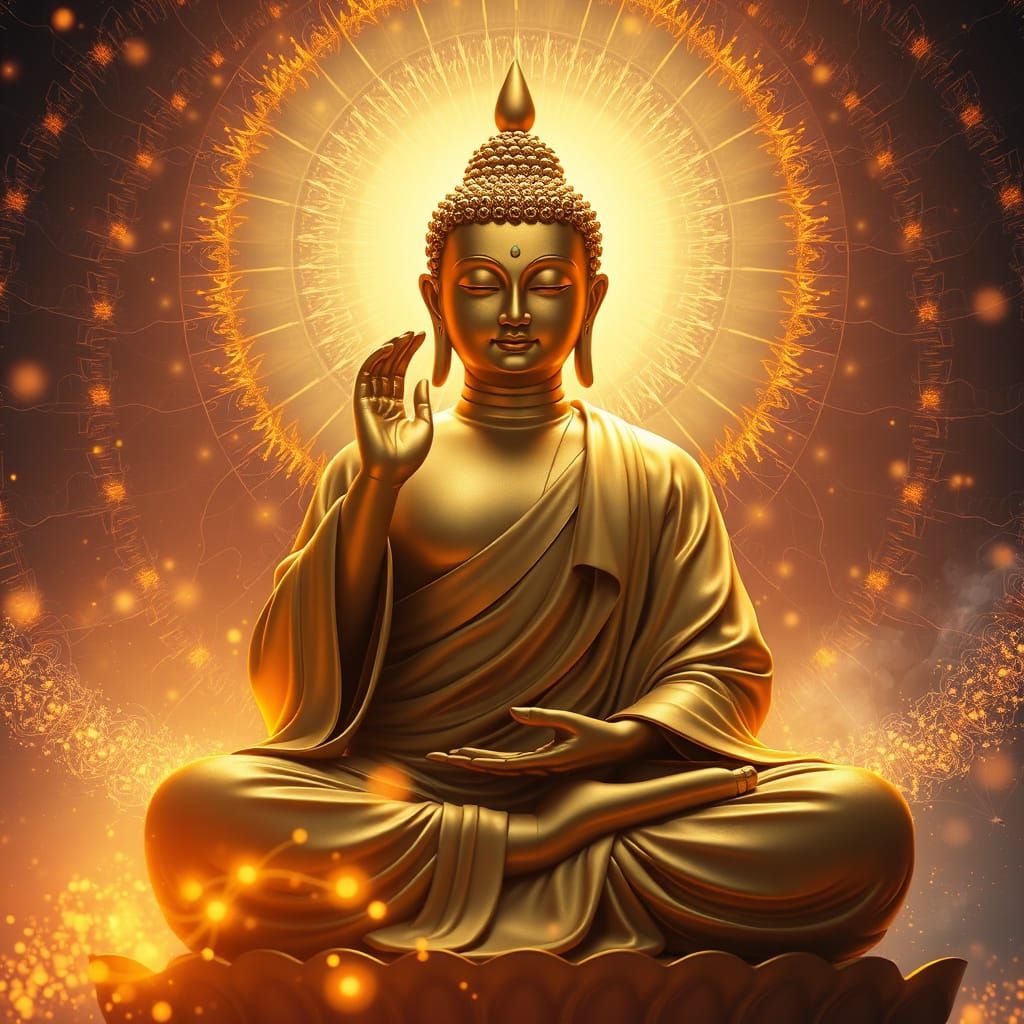 Radiant Buddha in Golden Aura, Hyperdetailed Digital Art