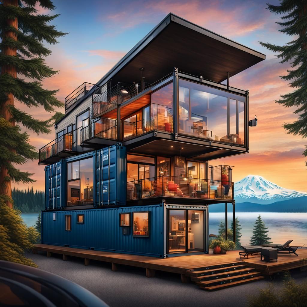 modern container home with a tattoo shop on the second floor...
