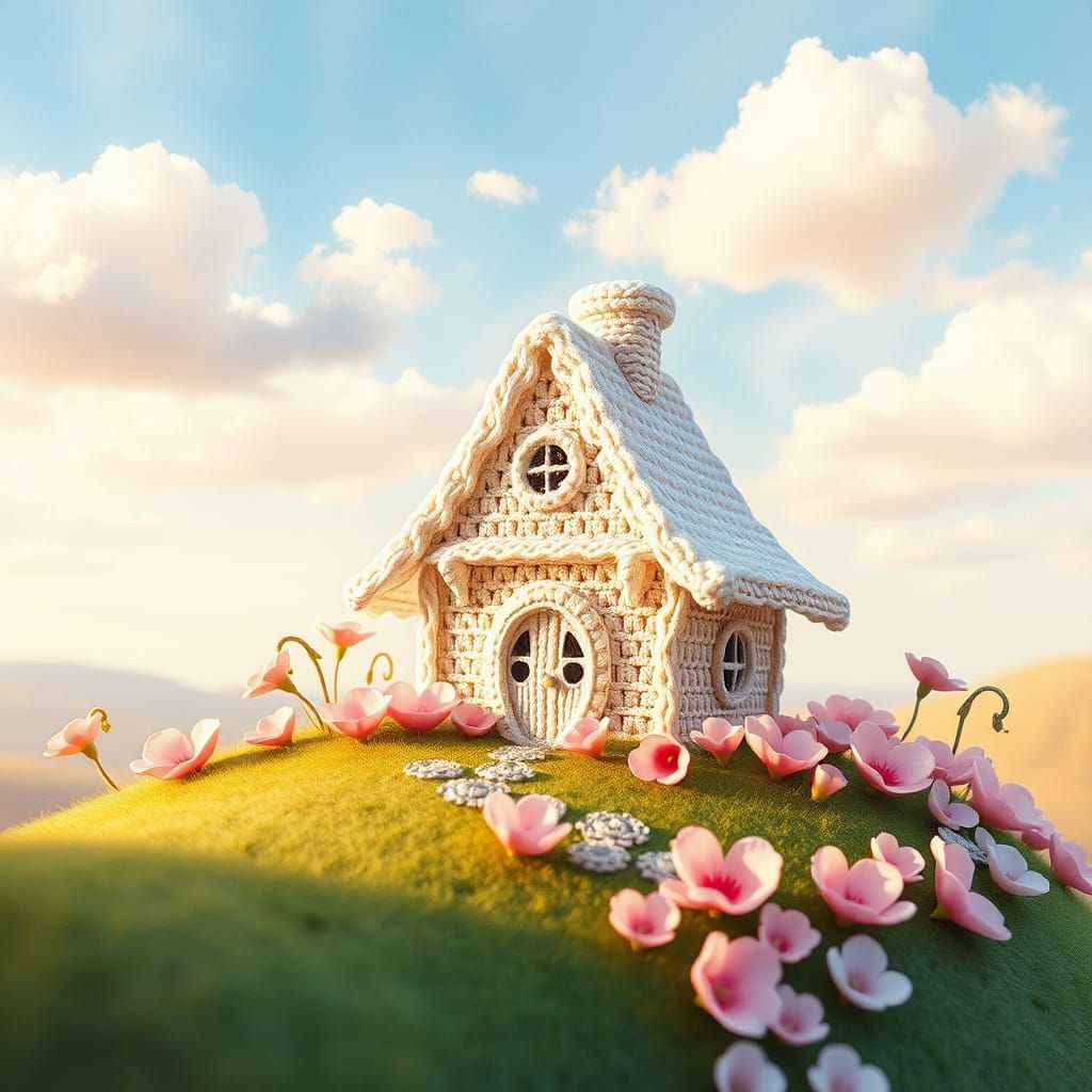 Crochet Cottage on Verdant Hill in Watercolor Style