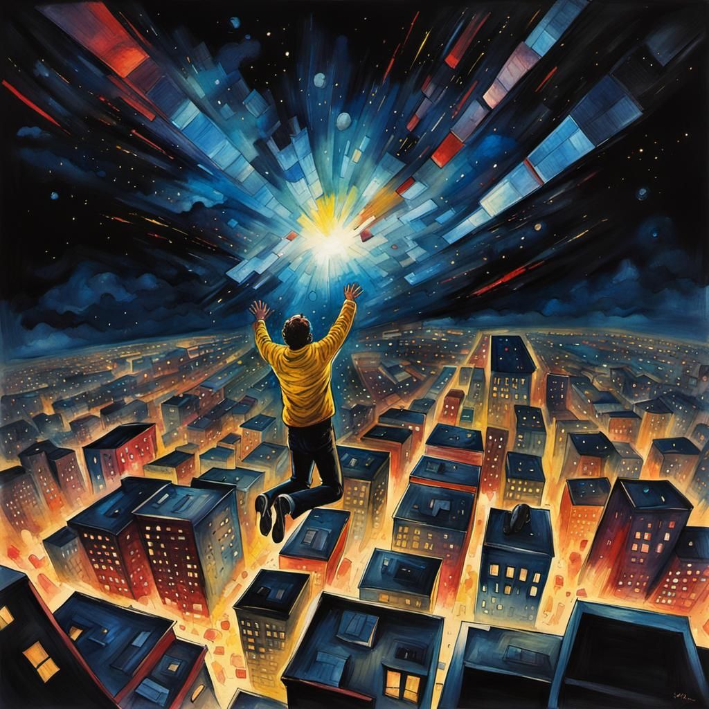 Cosmic Fall: A Sinister Oil and Watercolor Painting