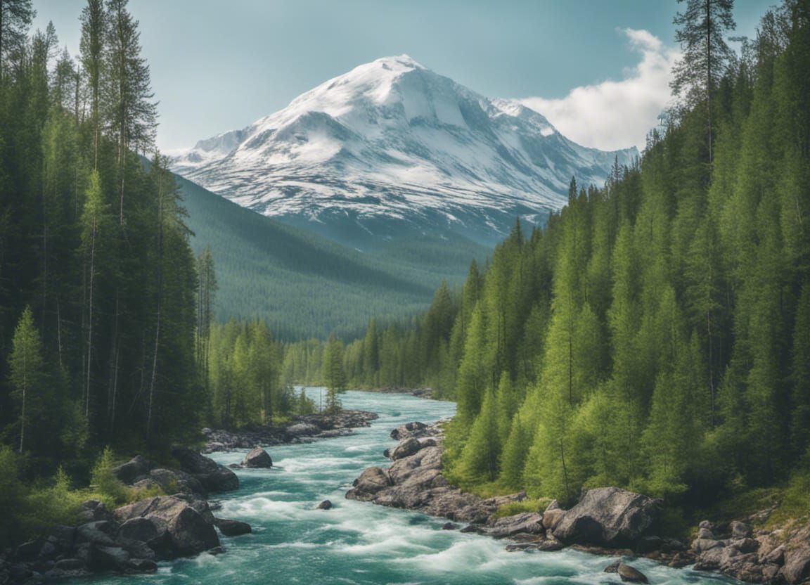 Green taiga forest with a rocky snowy mountain in the backgr...