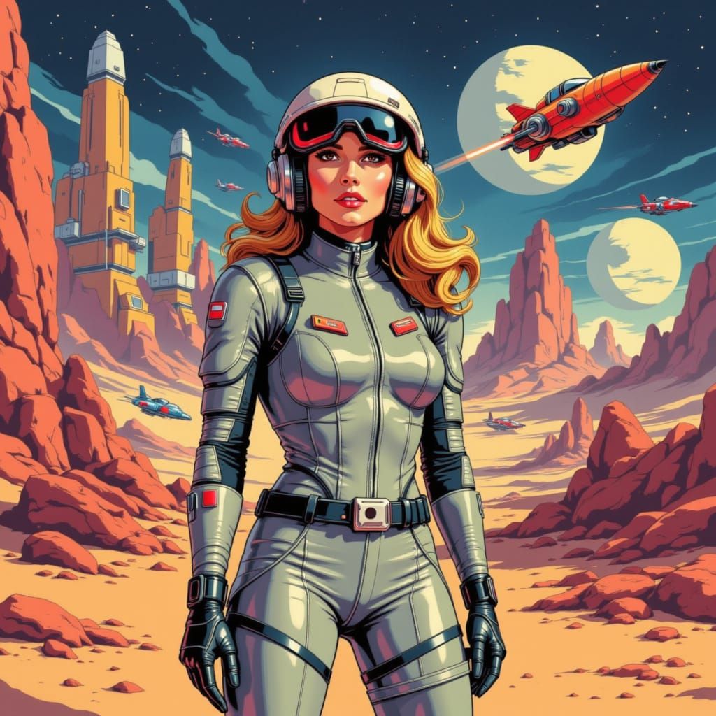 <lora:Future Obsolete:1.0> In a bustling retrofuturistic spaceport on Venus, a female pilot prepares for a daring mission to rescue stranded...