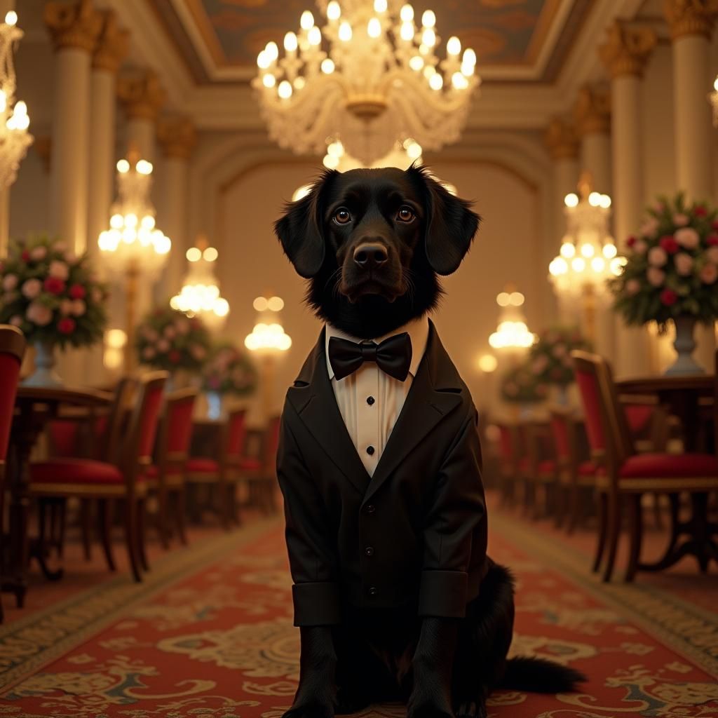 black retriever at a fancy party wearing a tux