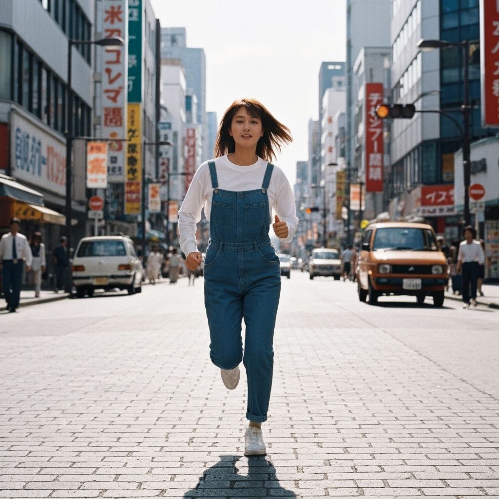 Japanese Woman Running Through 1980s Tokyo Street