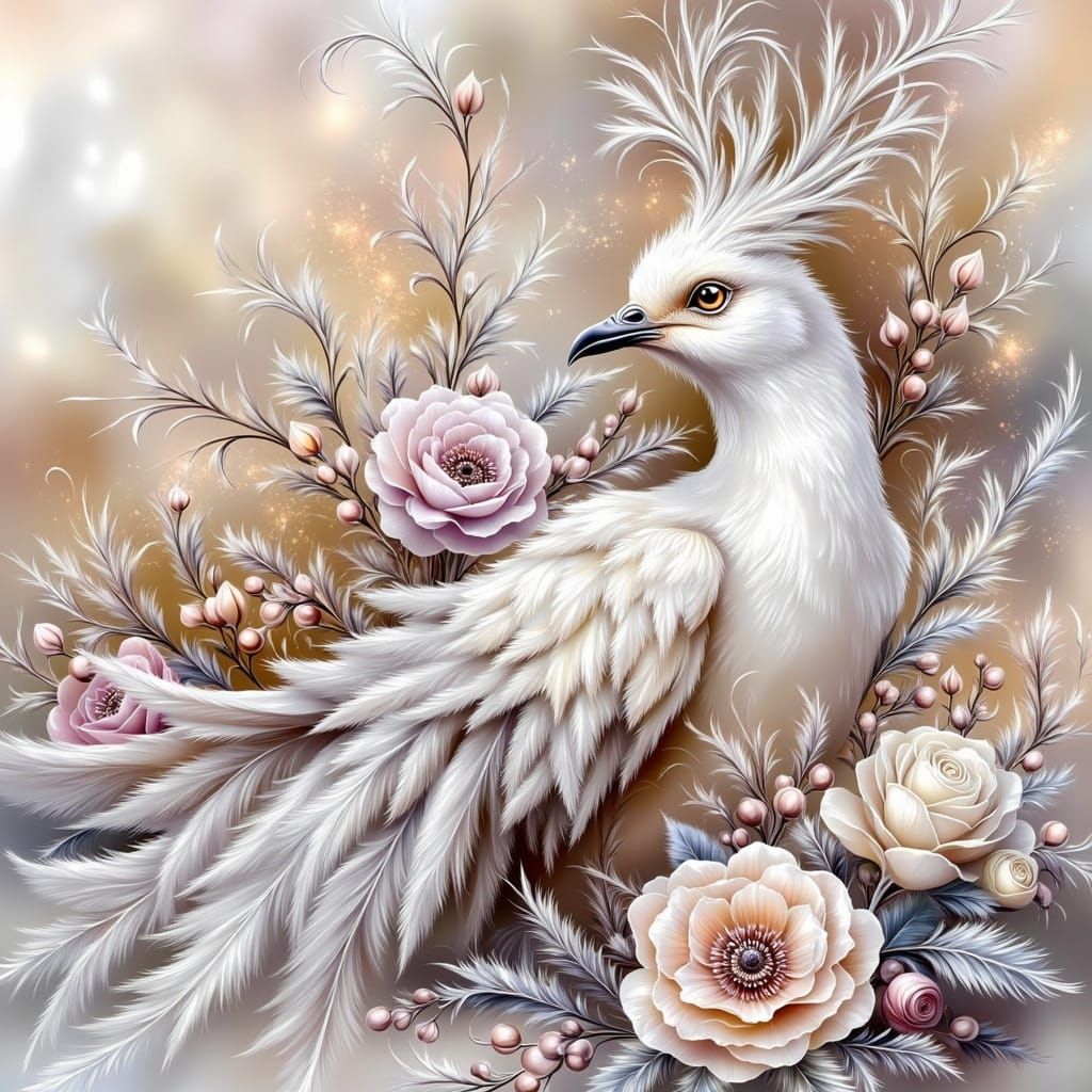 Elegant Ivory Bird in Vibrant Mauve and Yellow Floral Displa...