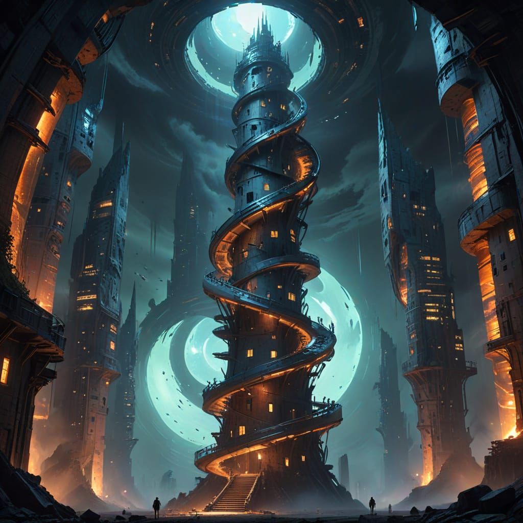 Futuristic Glowing Forms spiral upward inside hollow towers of lost 