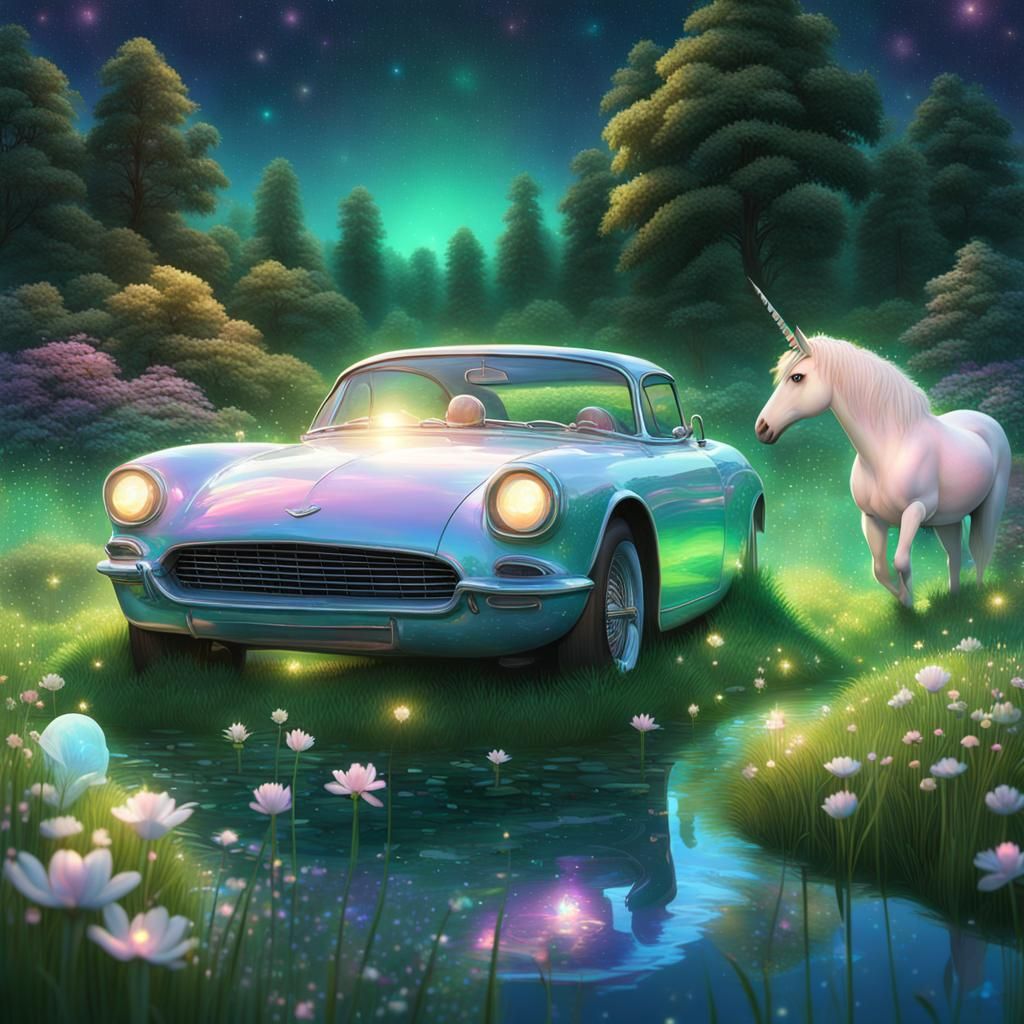 Shimmering pond, sports car, and unicorn in a dreamy colorfu...