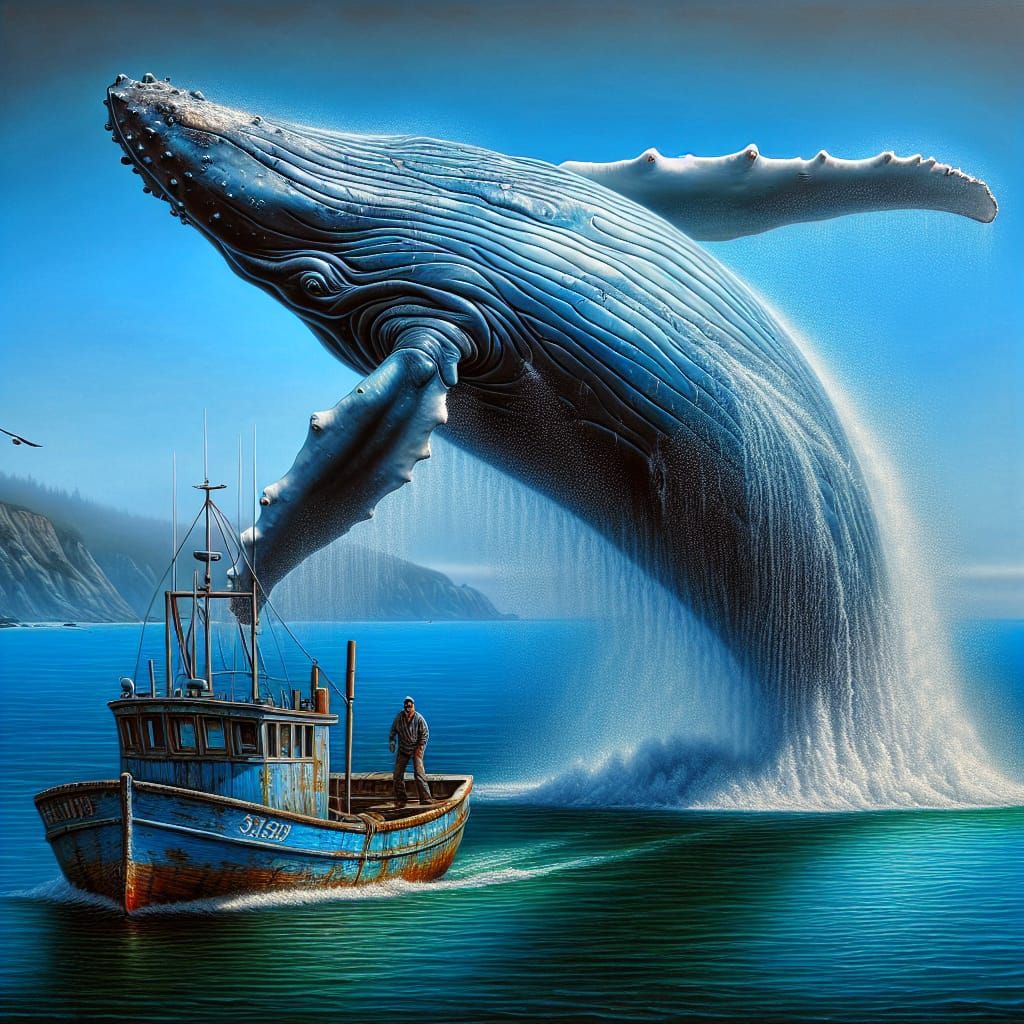 Humpback whale jumping next to a fishing boat  by @Xerraire