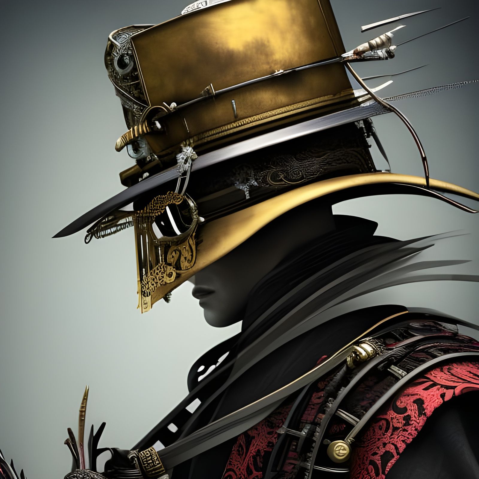 Stunning portrait of chrome steampunk Samurai in kimono in B...