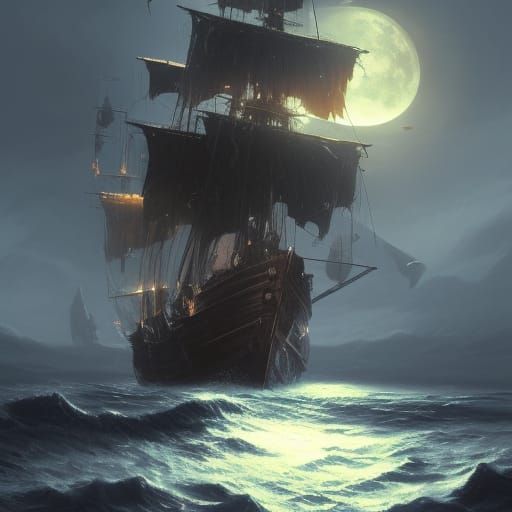 pirate galleon on moonlit sea with jolly roger flying - AI Generated ...