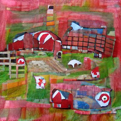Farmyard with a red barn. Patchwork quilt