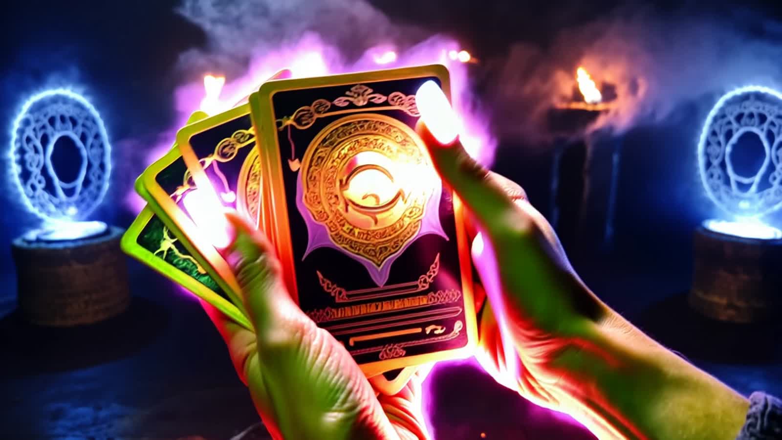 glowing pair of mystical hands shuffle a radiant deck of golden, ethereal tarot cards — each card is thin, translucent, ...