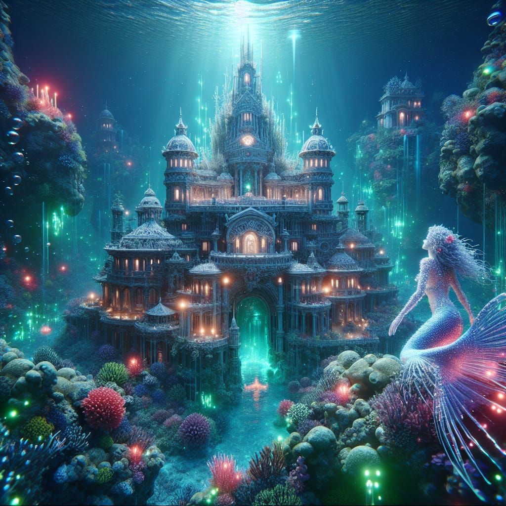 Underwater mermaid kingdom with a castle, magical lights
bokeh digital painting elegant fantasy intricate very attractive beautiful high det...