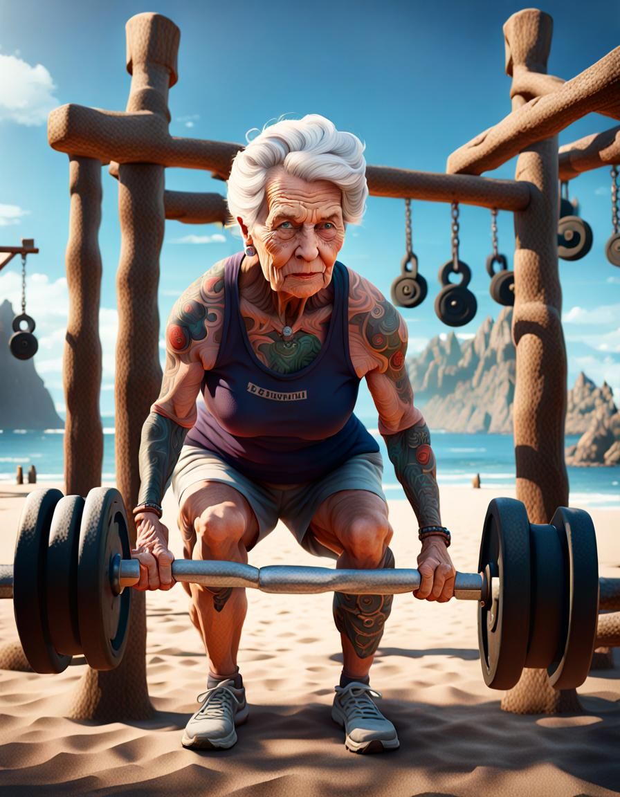 Old woman with tattooed back lifting weights, in an outdoor ...