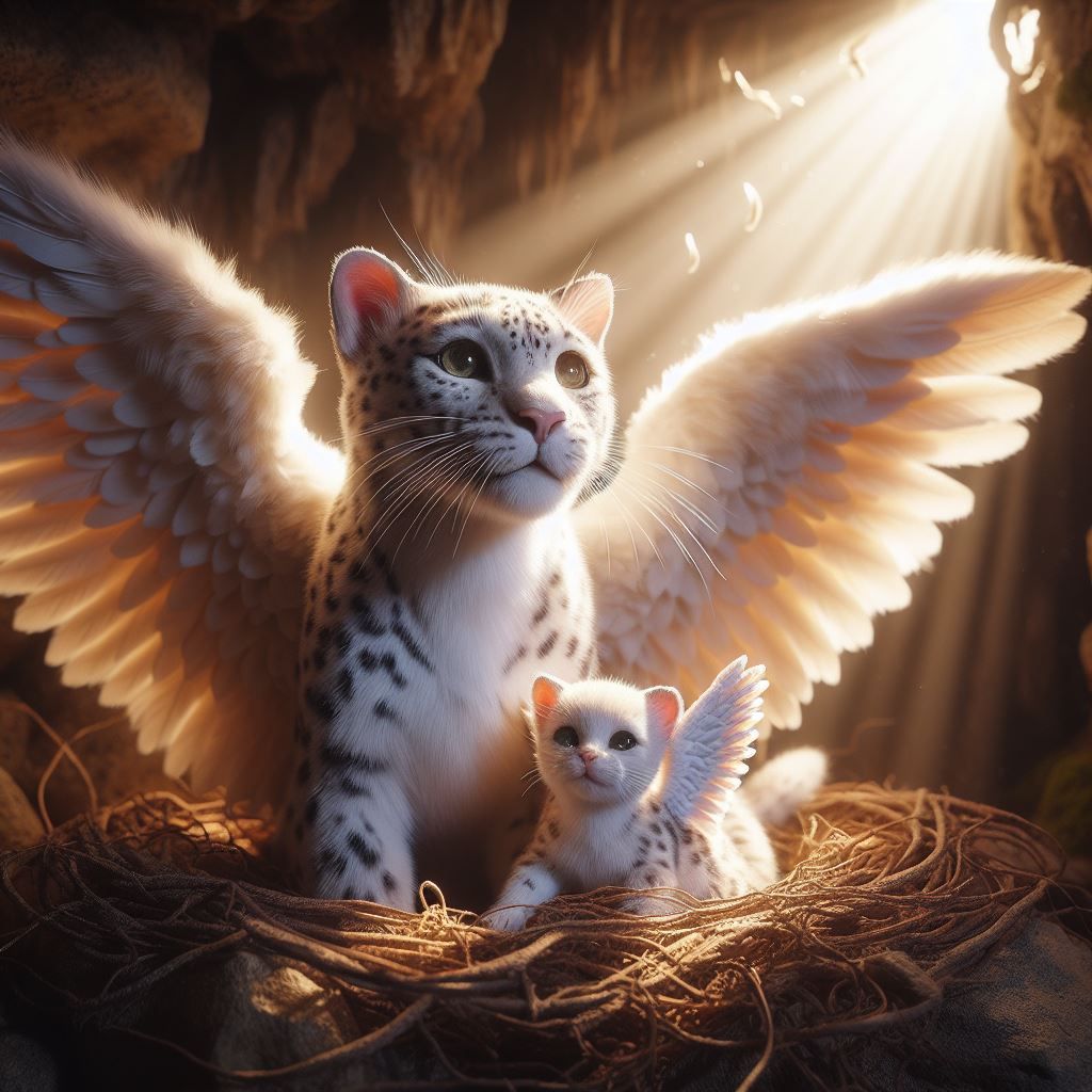 Winged Snow leopard with cub