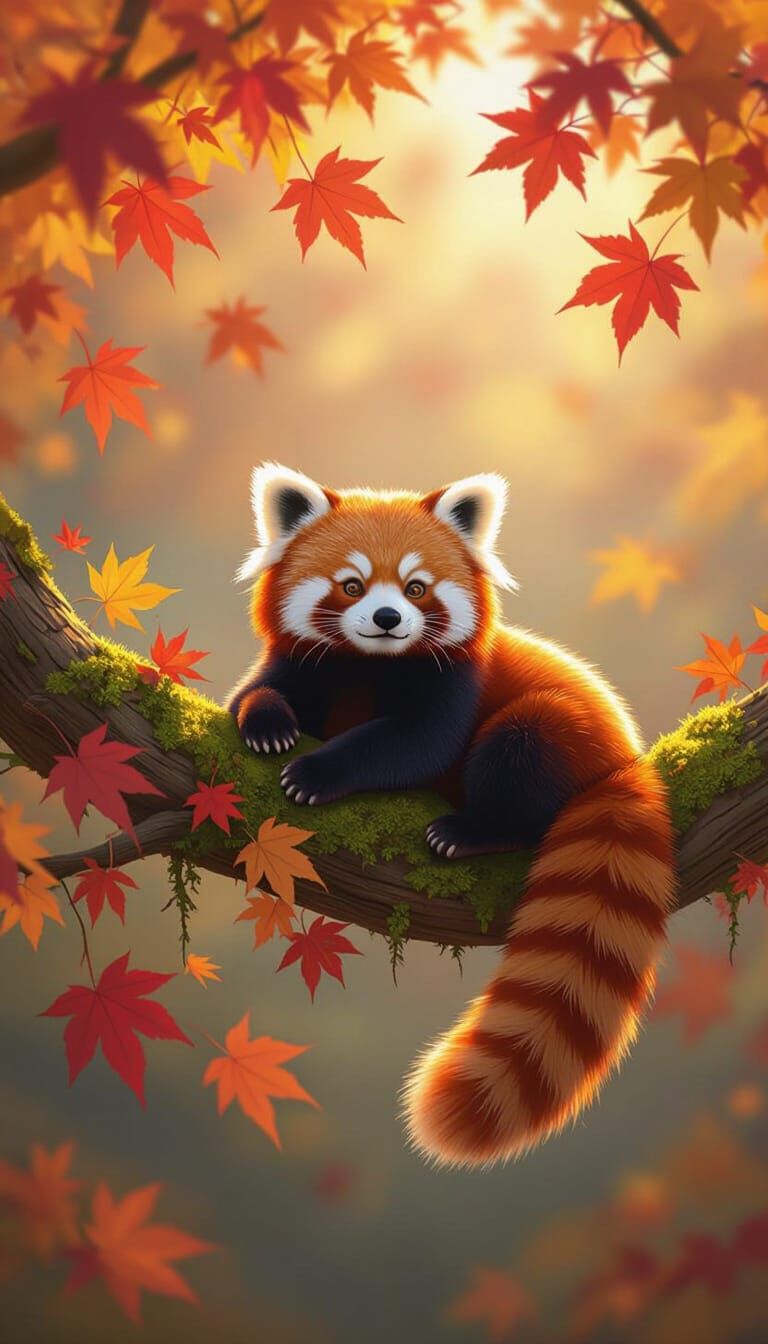 A red panda lounging on a branch surrounded by autumn leaves  by @Alan