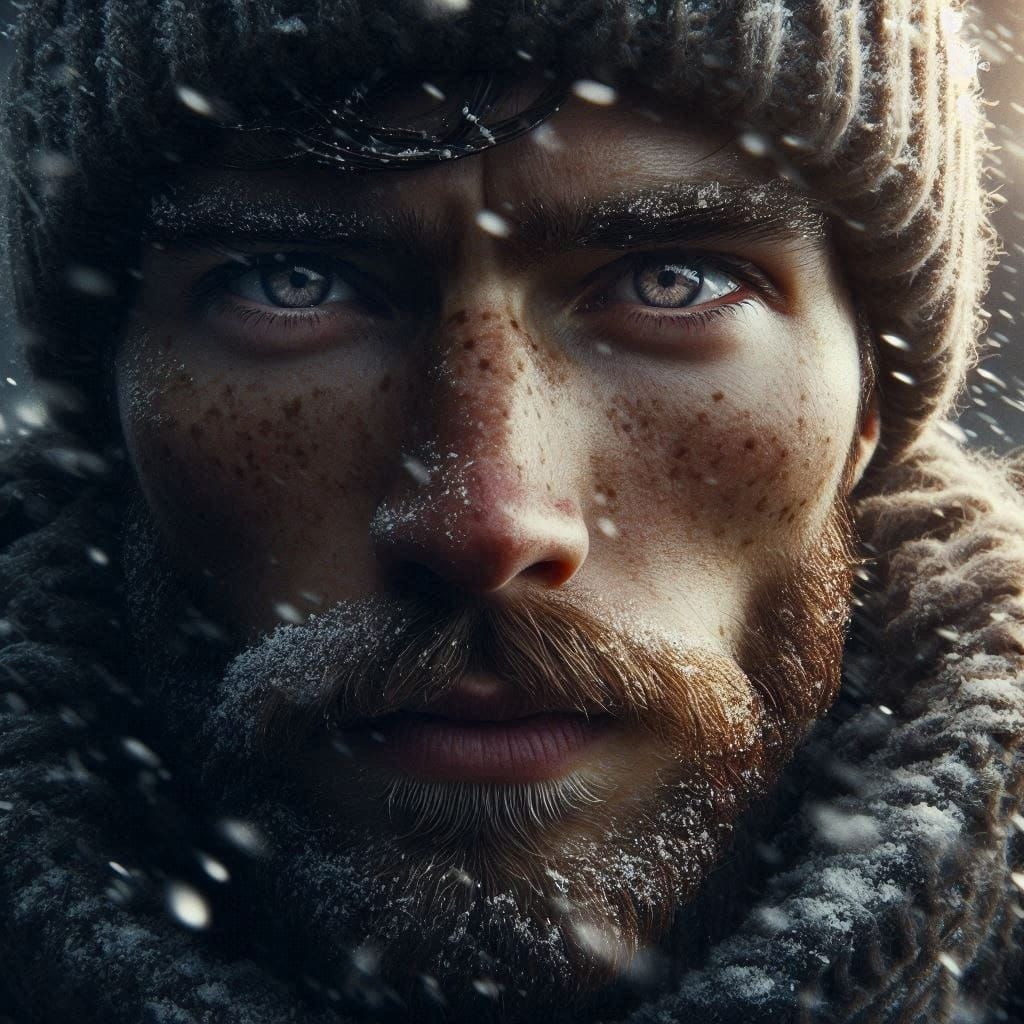 Extremely detailed cinematic film still photography of centered portrait of a man in a snowy storm: left side view: sunbeam. looking into ca...