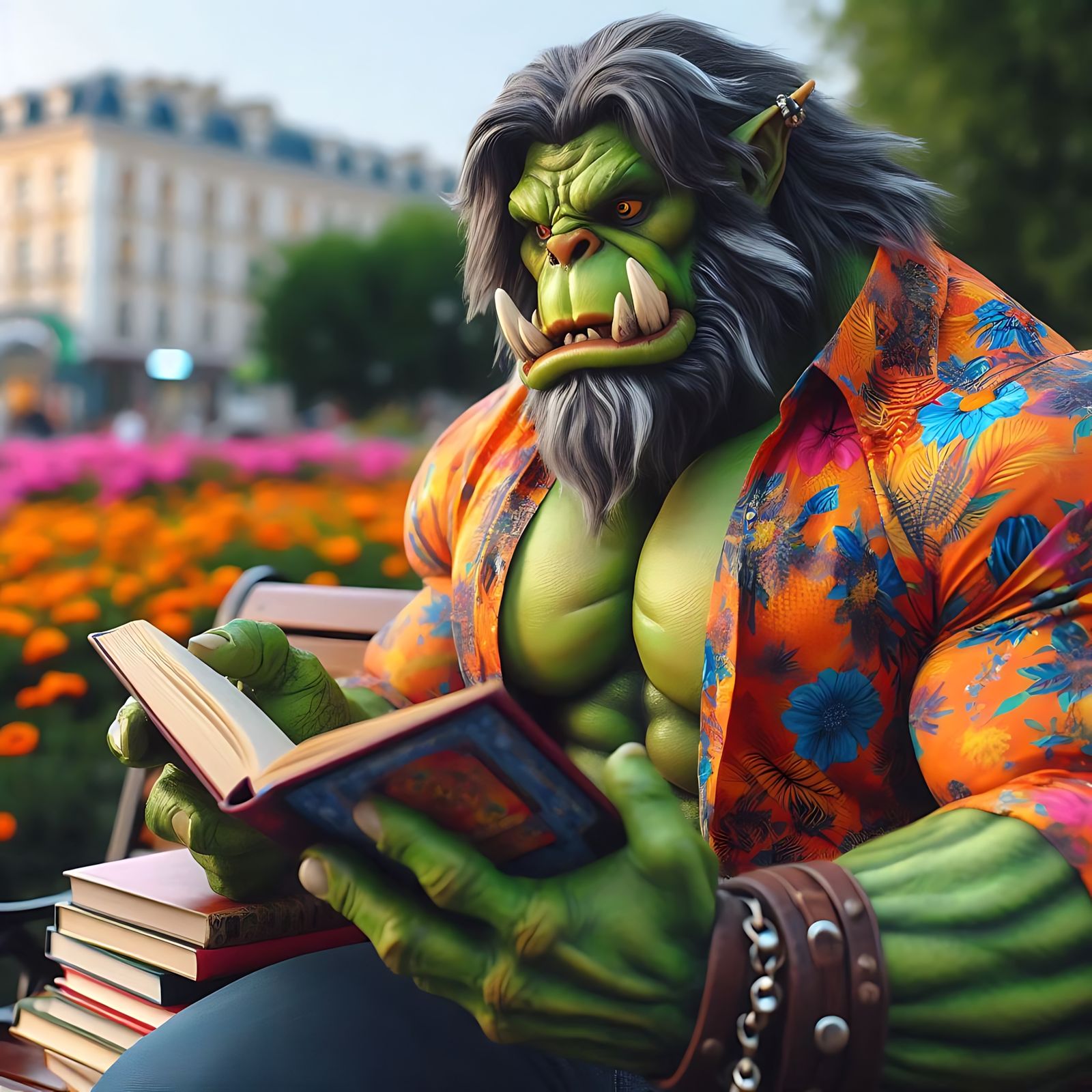 A muscular ork read a book (Uploaded)