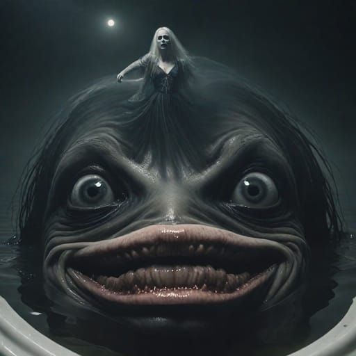 Creepy thalassophobia macabre horror art creation of a human woman fused with a terrifying gigantic evil grinning sea mo...