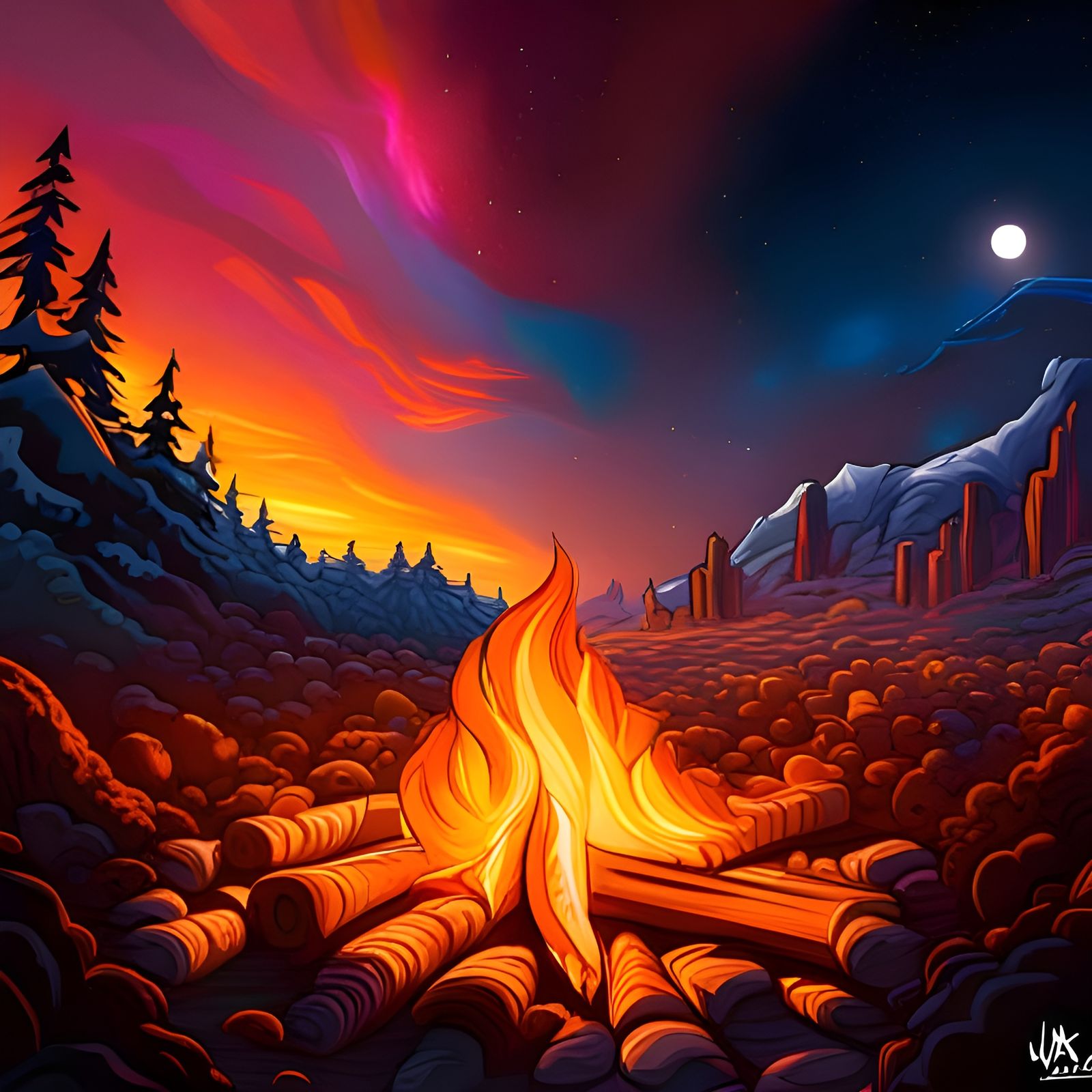 Campfire at night, with the nightsky and a colorful sunset   by @Sebbelus 