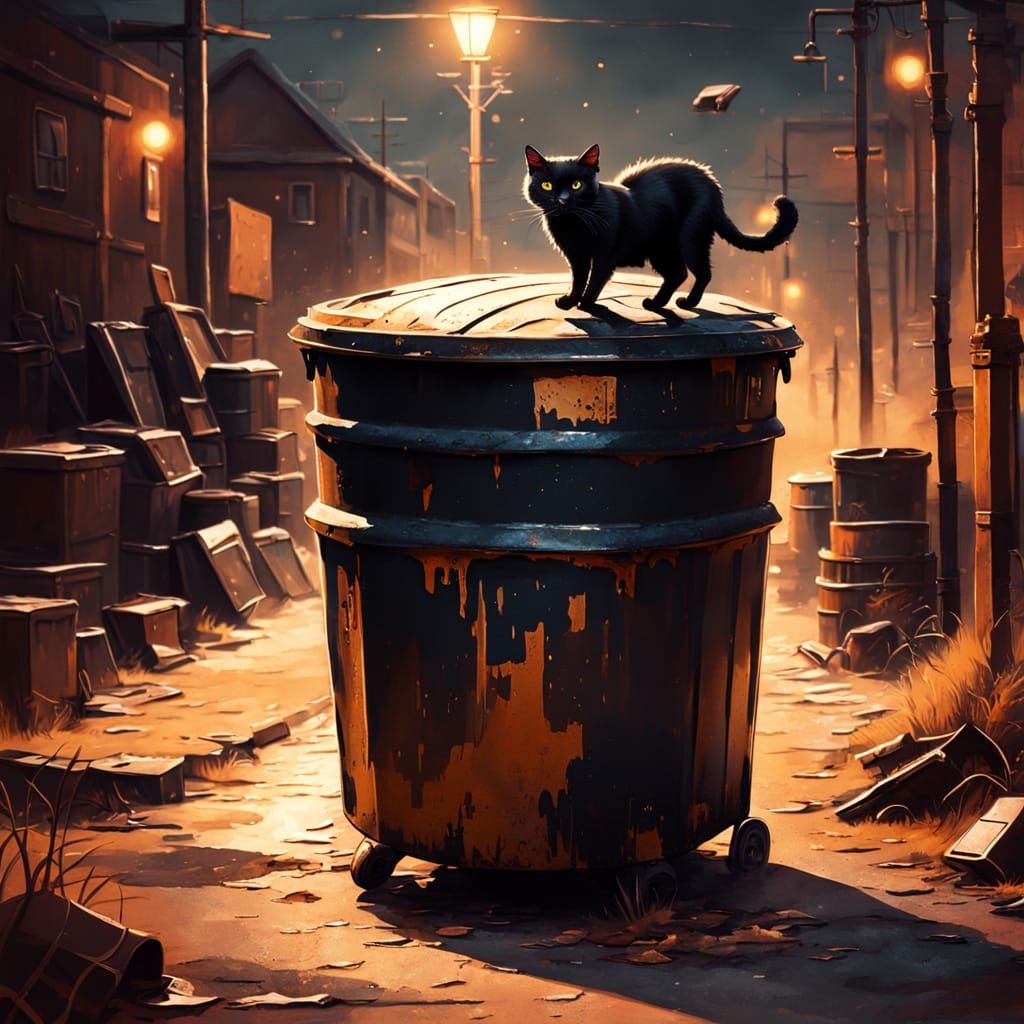 Eerie Black Cat in Dark Surrealist Oil Painting