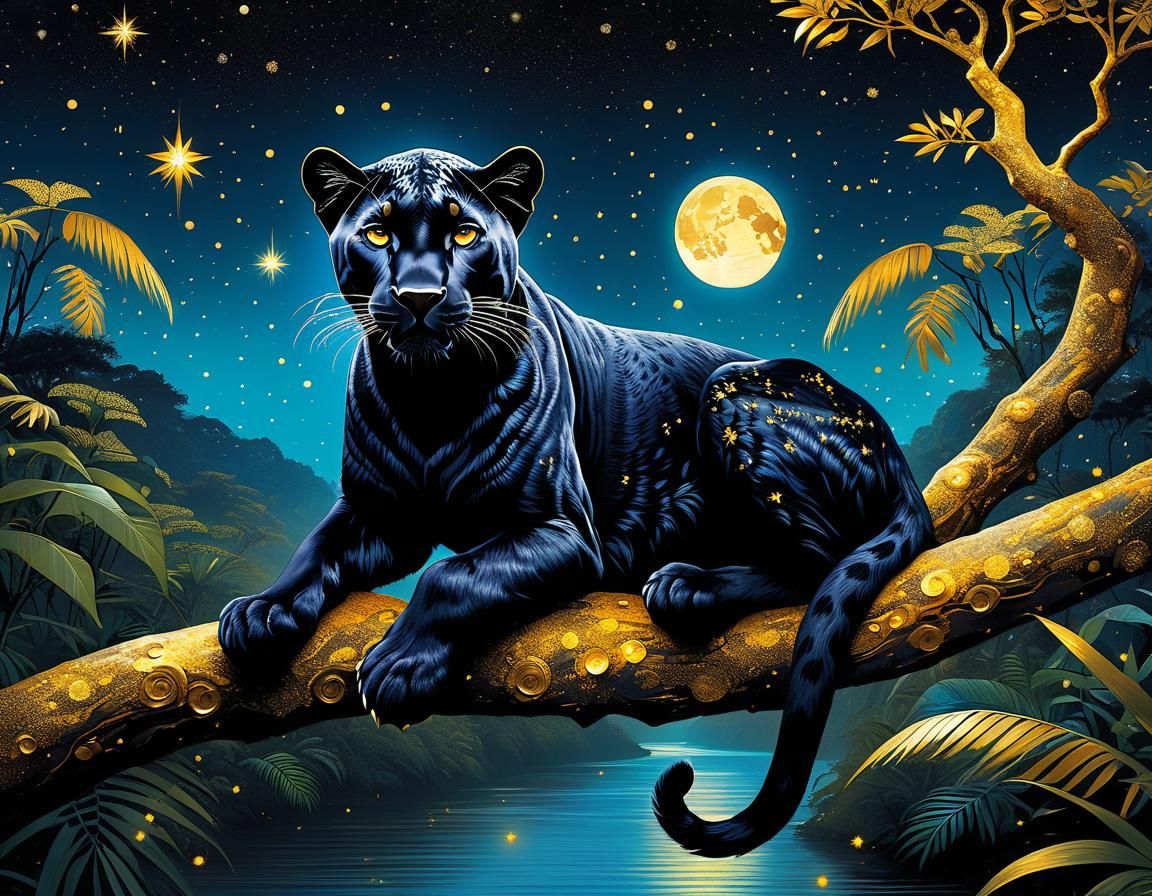 an Adorable black panther covered in gold stars, sitting in a tree branch over a river, in a jungle at ...  by @AutumnBear