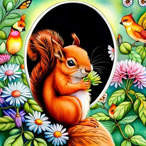 Hyperdetailed portrait of a  cute squirrel  with wildflowers...