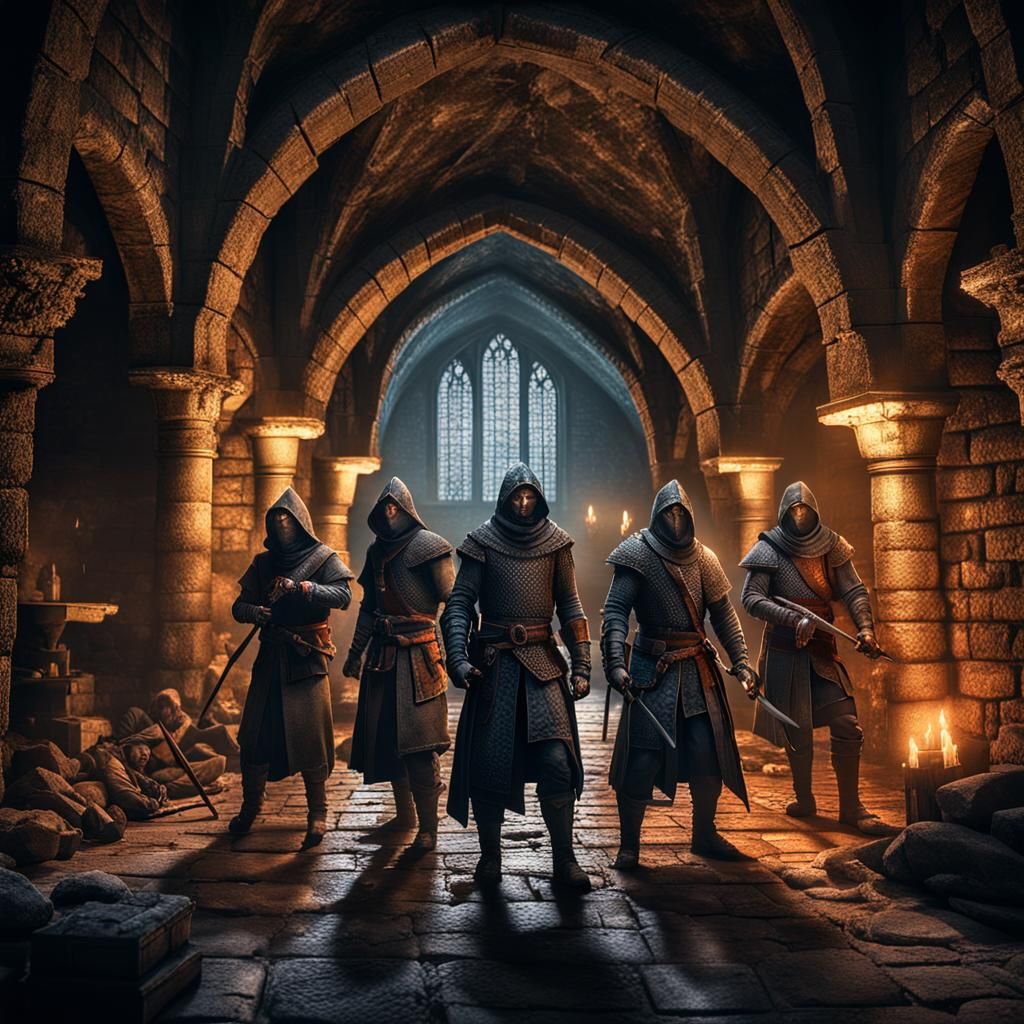 A group of medieval assassins in a dingy dimly lit castle dungeon ...