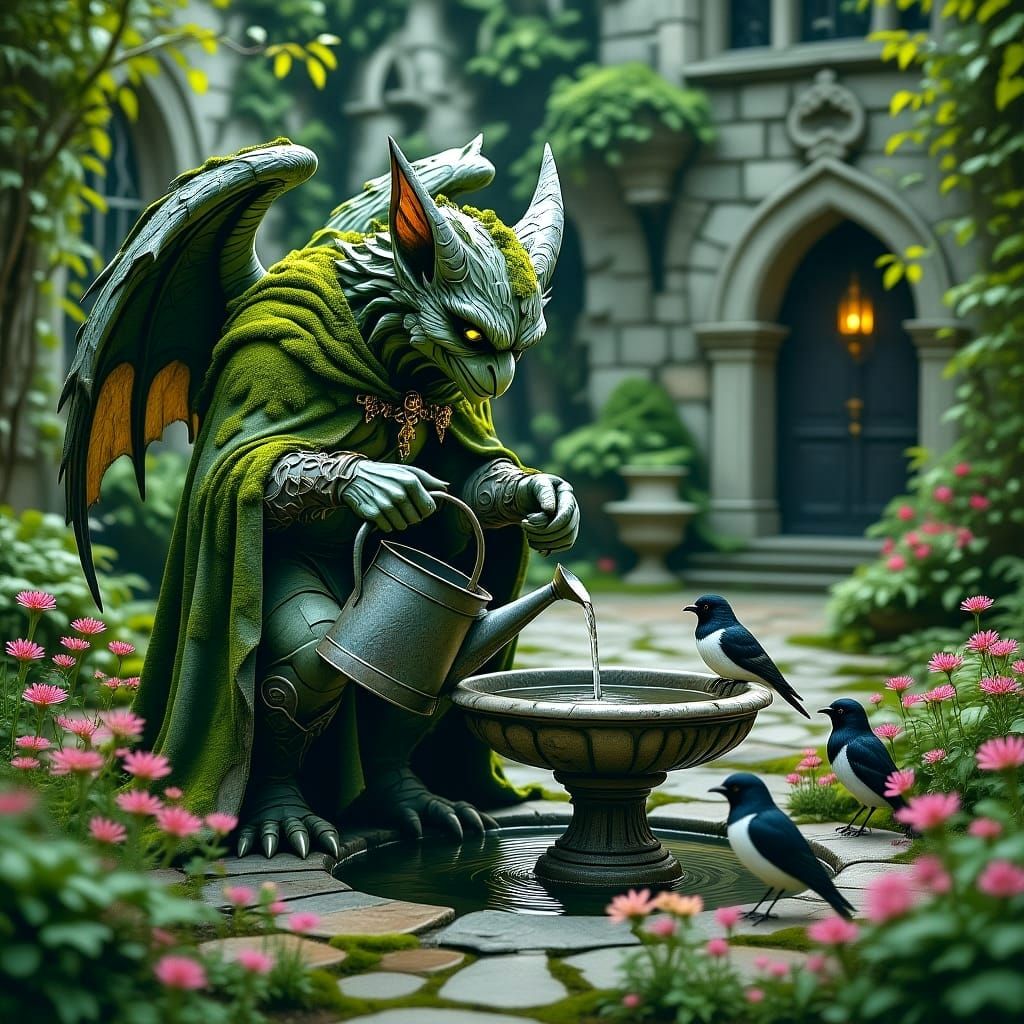 Gargoyle refills the bird bath  by @ArtyPaws