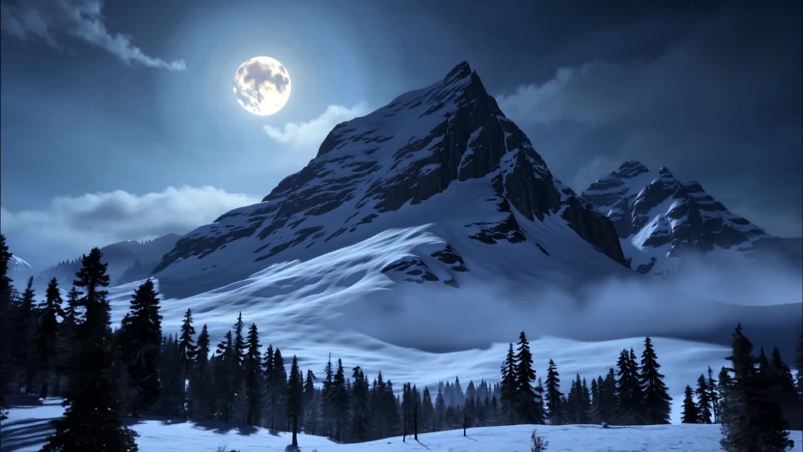 A snowy mountain at dark night under a pale full moon, darkest forest in the distance, eerie atmosphere, cold bluish col...