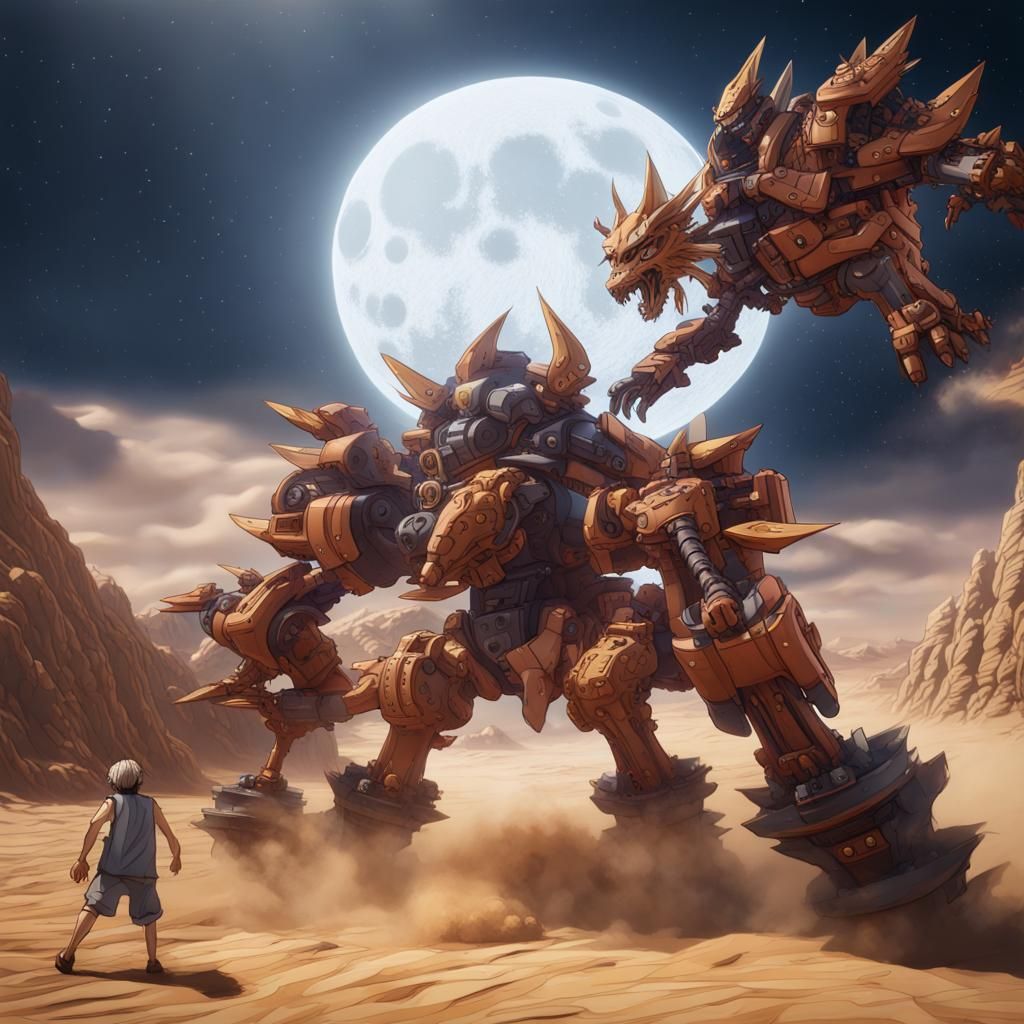 boy fight zoids, desert, moon light detailed matte painting, deep color ...