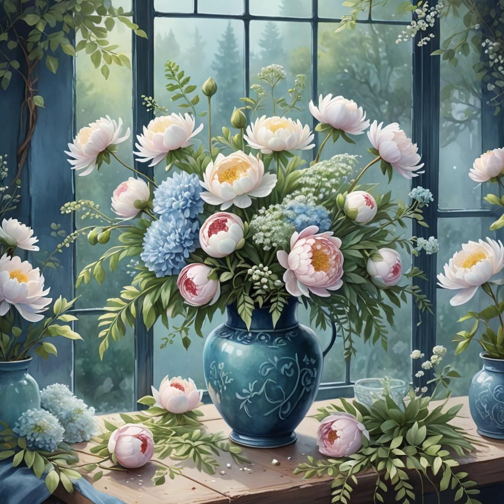 Whimsical, cute, misty, pastel watercolor. Pale and bright p...