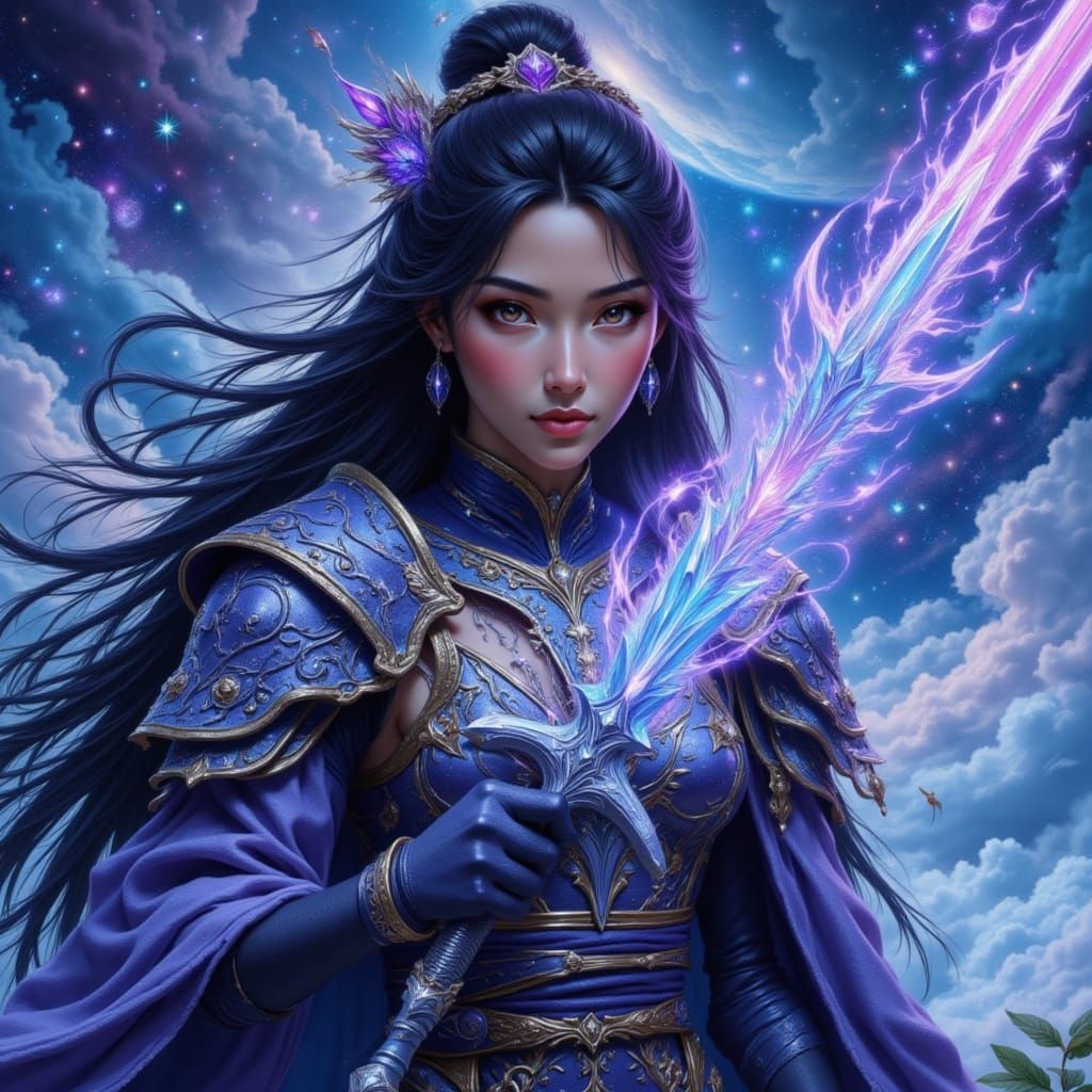 <lora:Hyperrealism Loves U:1.0> Create a strong and triumphant Asian character, inspired by a notable historical figure. She has long hair a...